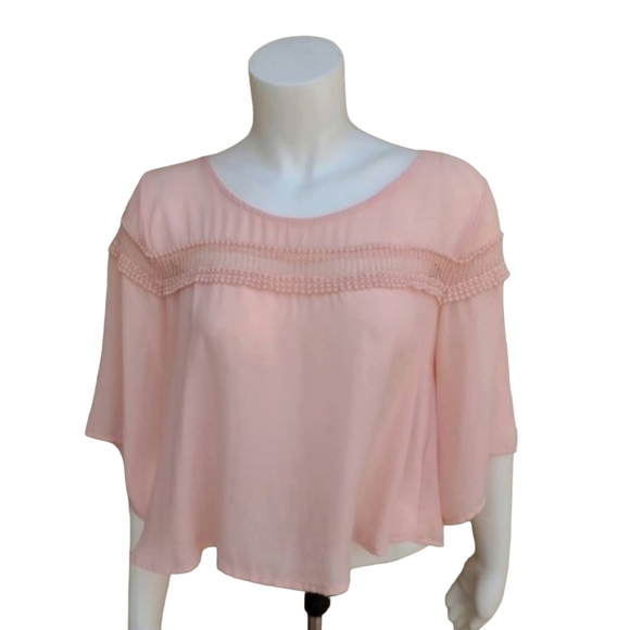 LUSH NORDSTROM Pink Chiffon Crop Top M Blouse Tapered Bell Sleeve Embroidered - Picture 2 of 14